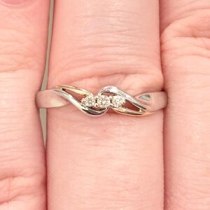 10K Diamond Ring, Three Stone, Dainty Swirl, Size 7.25, White Rose Gold